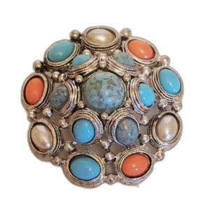 Premier Designs Pin / Pendant Faux Turquoise Coral Brooch Silver Tone Aztec Dome